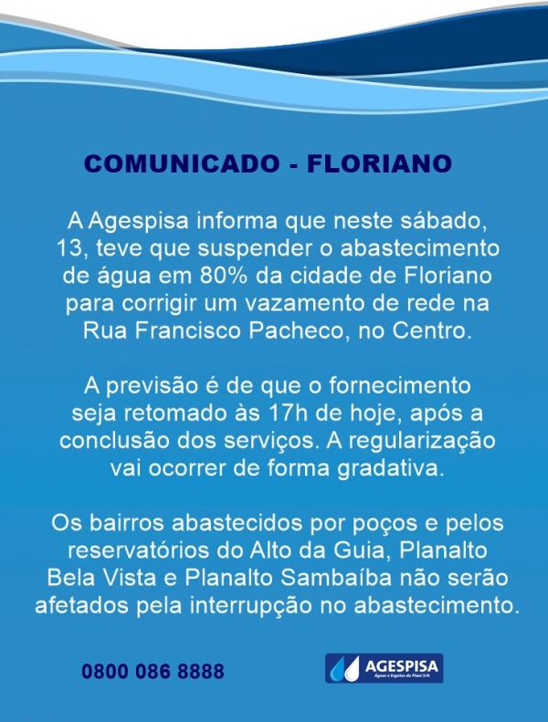 Agespisa interrompe fornecimento de &aacute;gua em Floriano(Imagem:Divulga&ccedil;&atilde;o)