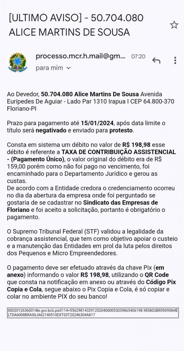 SICOMFLOR alerta empresas de Floriano sobre golpe de cobrança falsa da Contribuição Assistencial