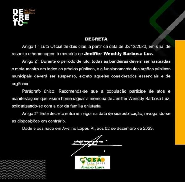 Prefeitura decretou luto pela morte de Jennifer Wenddy Barbosa Luz, de 13 anos.(Imagem:Divulga&ccedil;&atilde;o)