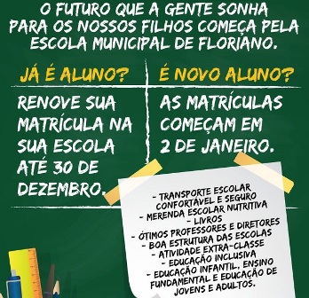 Matrículas para alunos da rede municipal de Floriano começam dia 02 de janeiro