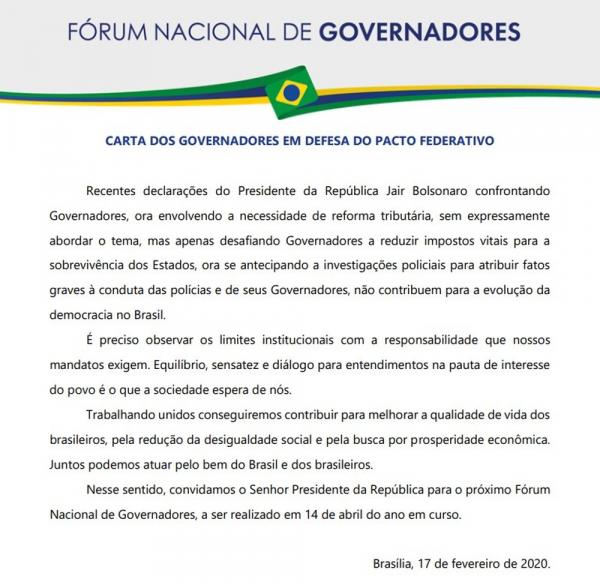 Carta de governadores enviada ao presidente Jair Bolsonaro(Imagem:Reprodu&ccedil;&atilde;o)
