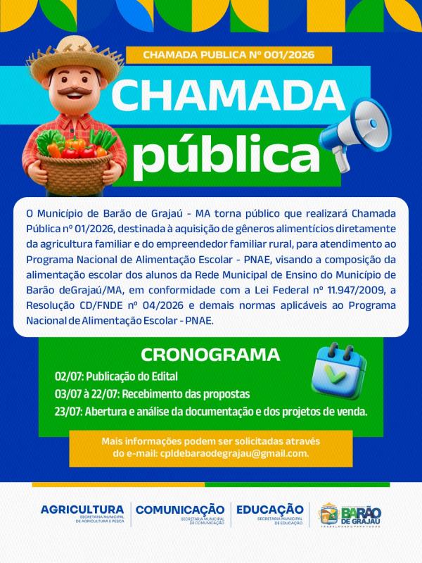 Prefeitura de Barão de Grajaú abre chamada pública para compra de alimentos da agricultura familiar
