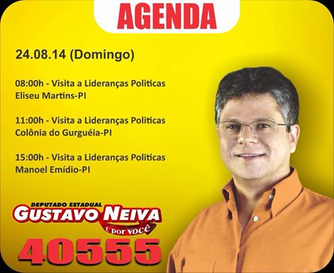 Confira a agenda do candidato Gustavo Neiva para este domingo (24)