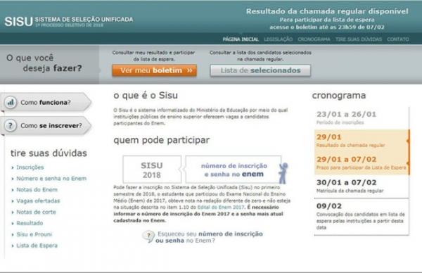 MEC divulga lista de aprovados no Sisu 2018.(Imagem:Reprodução)