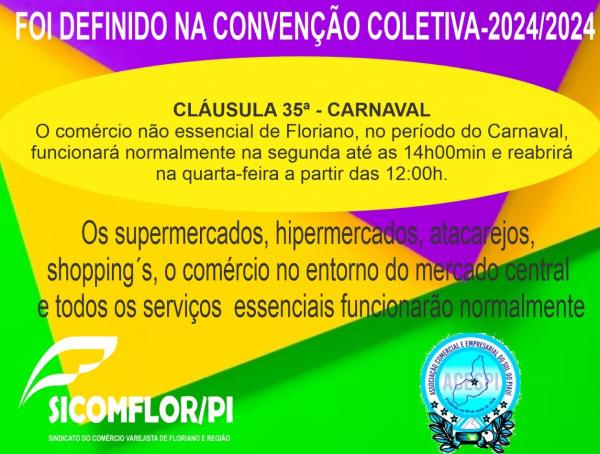 SICOMFLOR informa funcionamento especial do comércio de Floriano no Carnaval 2024