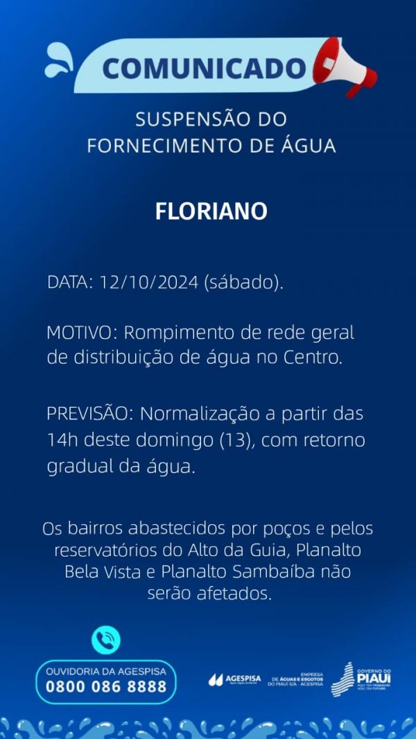 Rompimento de rede causa suspensão no fornecimento de água em Floriano, informa Agespisa