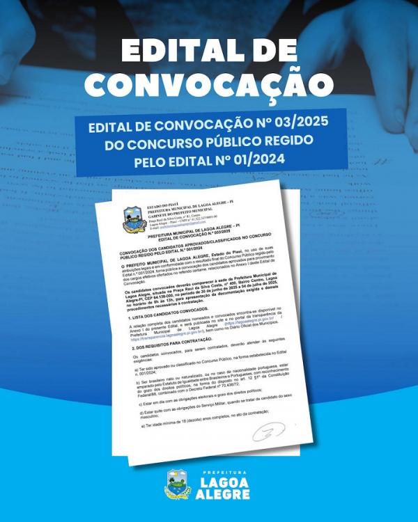 Prefeitura de Lagoa Alegre publica convocação de aprovados em concurso público