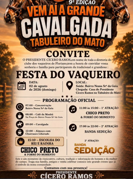 Tradicional Festa do Vaqueiro acontecerá no dia 2 de agosto na localidade Tabuleiro do Mato