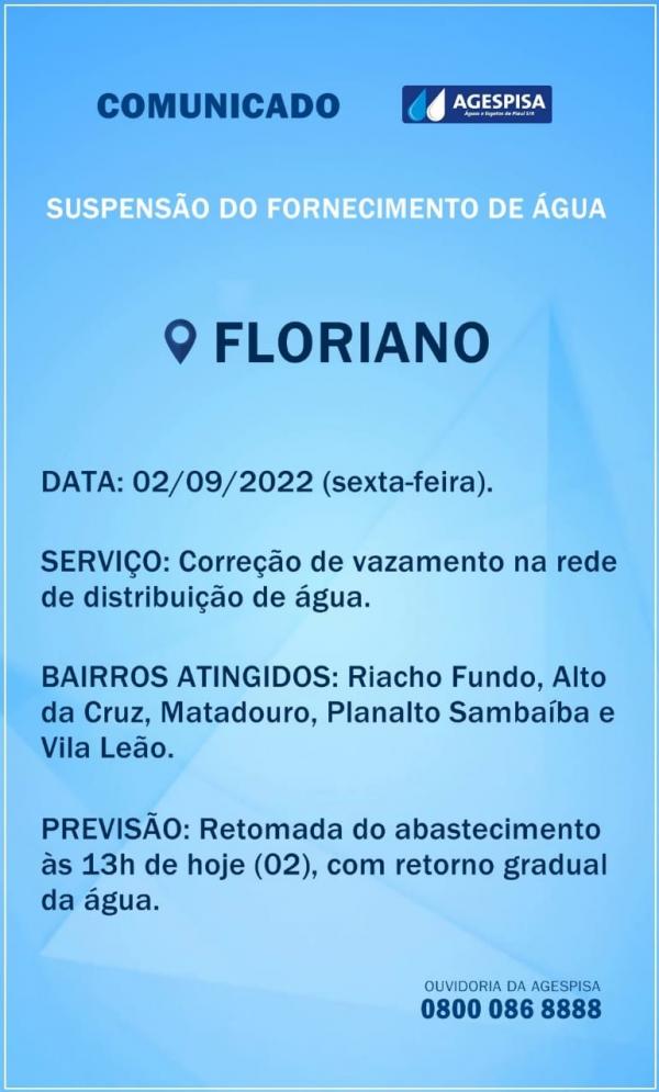 Agespisa realiza suspensão do fornecimento de água em bairros de Floriano