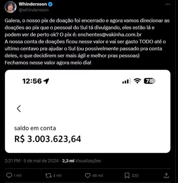 Humorista piauiense Whindersson Nunes arrecada mais de R$ 3 milh&otilde;es para v&iacute;timas de trag&eacute;dia no Rio Grande do Sul.(Imagem:Reprodu&ccedil;&atilde;o/ X)