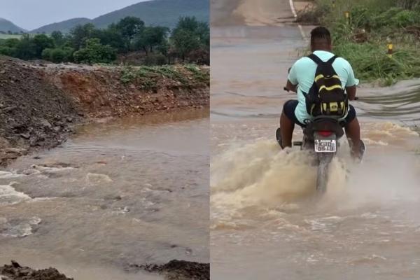 Parte de barragem rompe e pista é coberta por rio após chuvas em cidade do Piauí