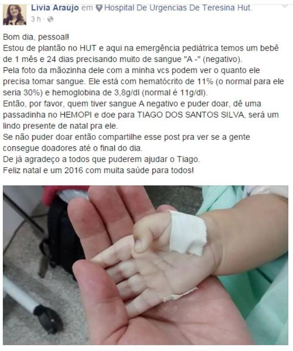 Beb&ecirc; de um m&ecirc;s internado no HUT precisa de doa&ccedil;&atilde;o de sangue.(Imagem:Reprodu&ccedil;&atilde;o/Facebook)