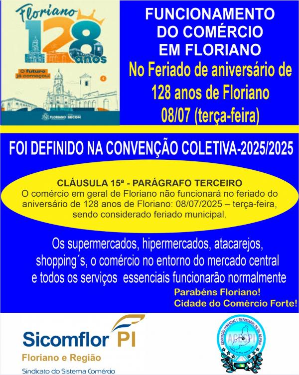 Floriano 128 anos: veja como ser&aacute; o funcionamento do com&eacute;rcio no feriado de 08 de julho.(Imagem:Divulga&ccedil;&atilde;o)