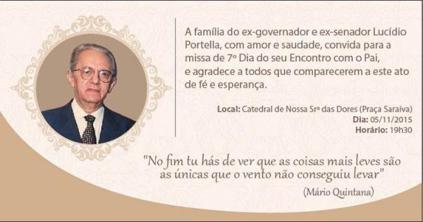 Missa de 7º Dia do ex-governador Lucídio Portella será nesta quinta(05)