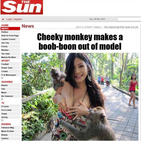 Charmian Chen quase ficou nua ao ser atacada por macacos. (Imagem:Reprodu&ccedil;&atilde;o/The Sun)