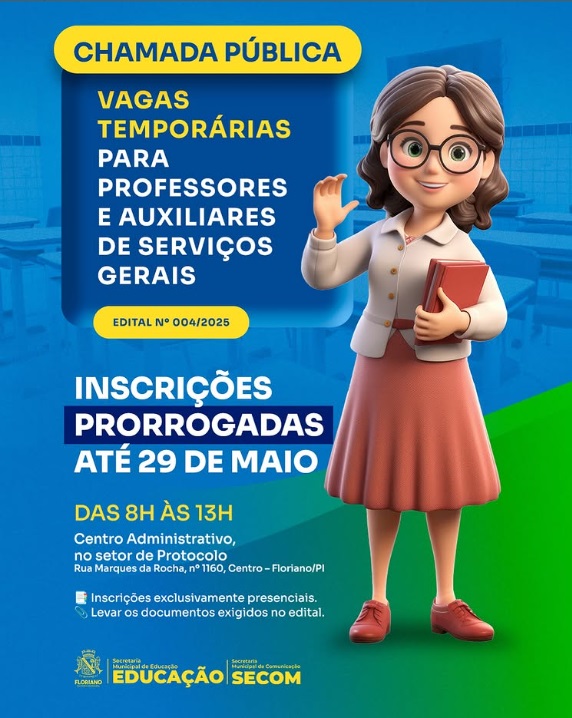 Prefeitura de Floriano prorroga inscrições para vagas temporárias na Educação até quinta-feira (29)