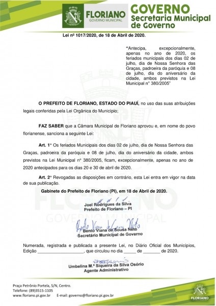 Lei Municipal antecipa dois feriados de Floriano