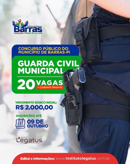 Município de Barras-PI faz concurso com 20 vagas para Guarda Civil Municipal
