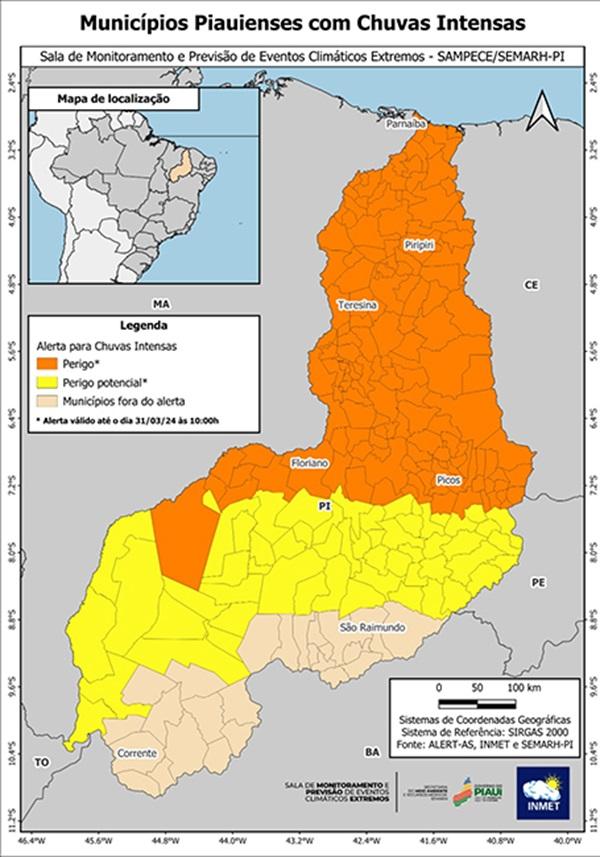Piau&iacute; segue com alertas de chuvas intensas para mais de 190 cidades(Imagem:Inmet)