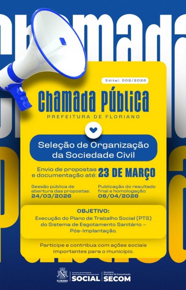 Prefeitura de Floriano abre chamada pública para seleção de Organização da Sociedade Civil