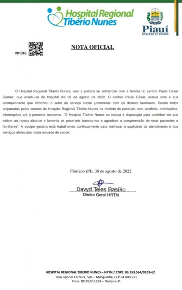 Nota oficial emitida pelo HRTN(Imagem:Divulga&ccedil;&atilde;o)