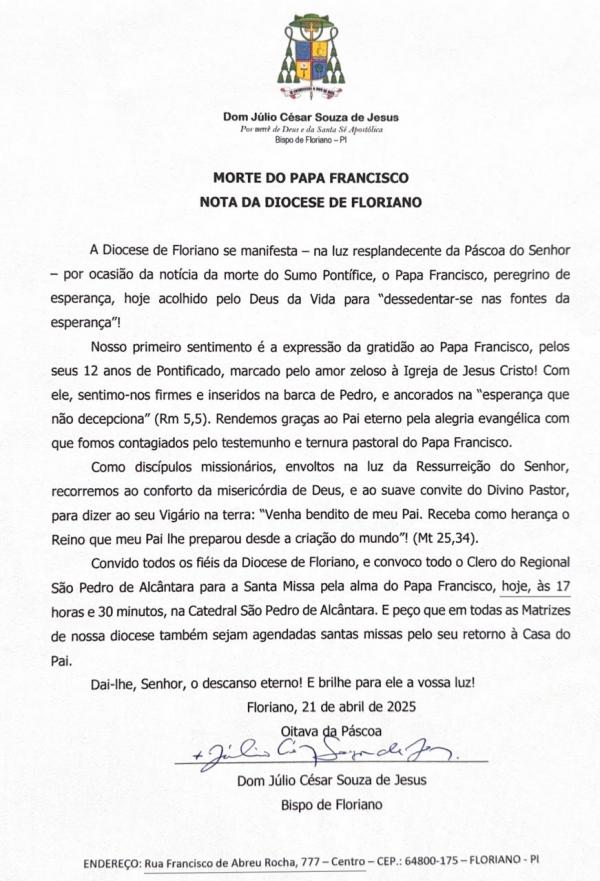 Diocese de Floriano realiza Missa das Exéquias em sufrágio da alma do Papa Francisco nesta segunda (21)(Imagem:Divulgação)