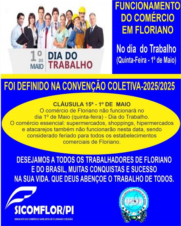 Comércio de Floriano não funcionará no Dia do Trabalho