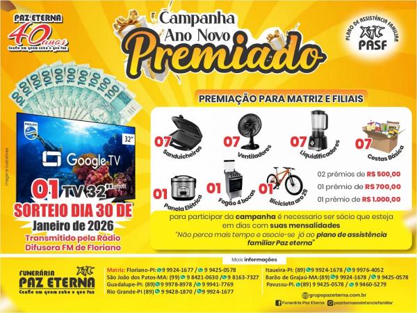 Funerária Paz Eterna lança "Campanha Ano Novo Premiado" com sorteio recheado de prêmios