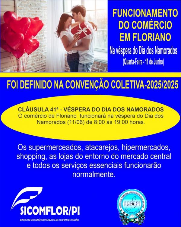 Comércio de Floriano funcionará em horário especial na véspera do Dia dos Namorados