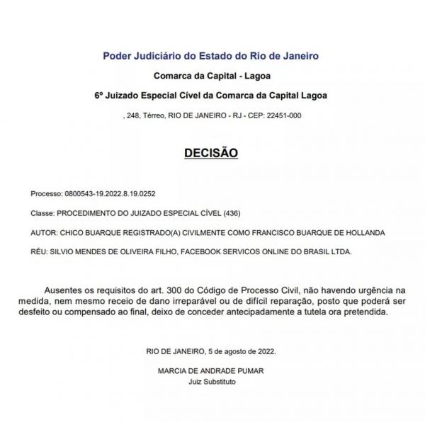  Decis&atilde;o nega liminar para Chico Buarque contra candidato do Piau&iacute; que usou sua m&uacute;sica.(Imagem:Reprodu&ccedil;&atilde;o )