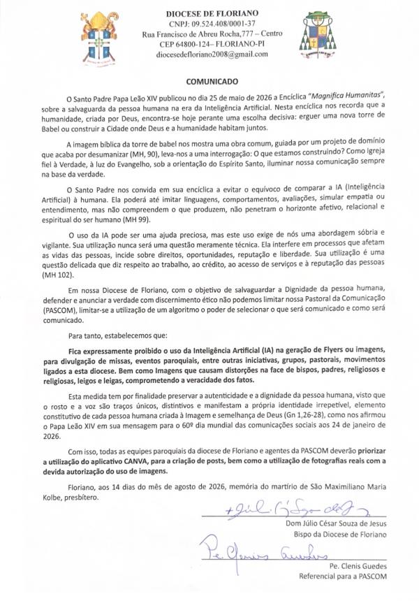 Diocese de Floriano restringe uso de intelig&ecirc;ncia artificial em materiais de comunica&ccedil;&atilde;o da Igreja.(Imagem:Divulga&ccedil;&atilde;o)