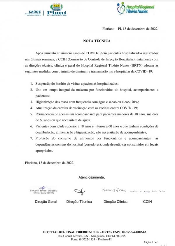 Nota t&eacute;cnica emitida pelo HRTN(Imagem:Divulga&ccedil;&atilde;o)