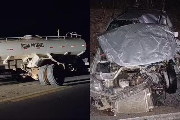 Idoso morre no hospital ap&oacute;s bater carro contra caminh&atilde;o-pipa na BR-407, em Jaic&oacute;s.(Imagem:Divulga&ccedil;&atilde;o/PRF)