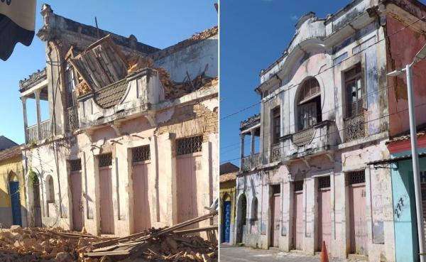 Como ficou e como era o casar&atilde;o liban&ecirc;s que desabou em Floriano, no Sul do Piau&iacute;.(Imagem:Reprodu&ccedil;&atilde;o)