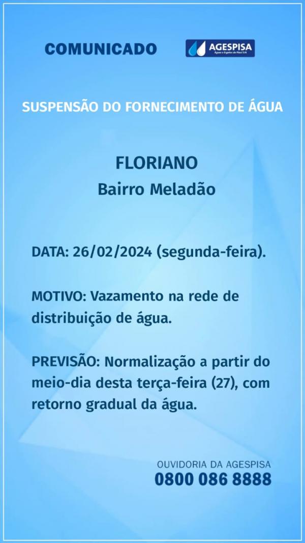 Vazamento na rede de distribuição causa interrupção no abastecimento de água no bairro Meladão