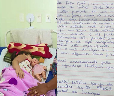 Menina de 4 anos com leucemia faz cartinha para o Papai Noel: "bolsas de sangue A+"