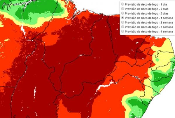 &Aacute;rea vermelha mais escura mostra o risco de inc&ecirc;ndios no Piau&iacute;.(Imagem:INPE)