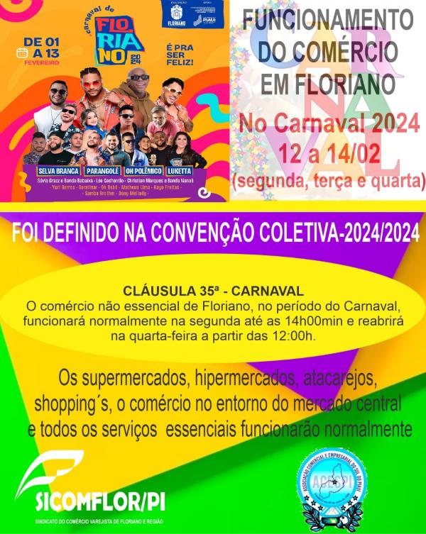SICOMFLOR informa funcionamento especial do com&eacute;rcio de Floriano no Carnaval 2024.(Imagem:Divulga&ccedil;&atilde;o)