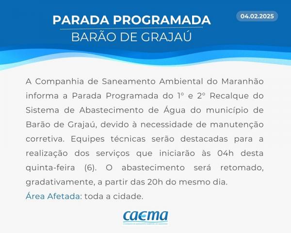 CAEMA realizará interrupção temporária no abastecimento de água em Barão de Grajaú nesta quinta (06)