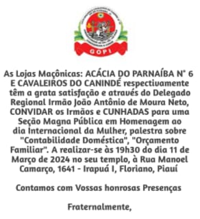 Lojas Maçônicas de Floriano celebrarão o Dia Internacional da Mulher com Seção Magna Pública