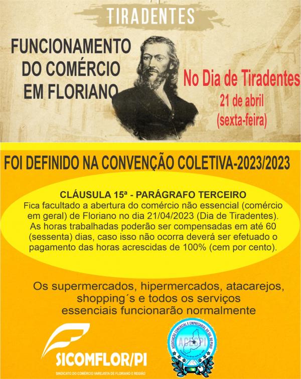 Comércio em Floriano terá abertura facultativa no Dia de Tiradentes