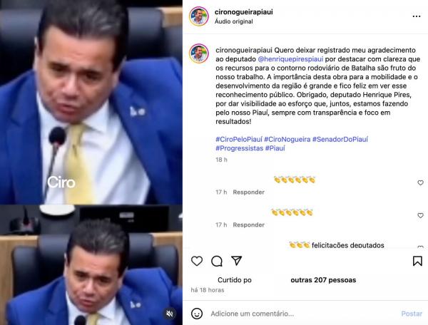 Ciro agradece deputado Henrique Pires após corrigir Georgiano sobre retomada de obra em Batalha-PI
