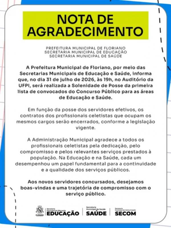 Prefeitura de Floriano empossa primeira turma de aprovados em concurso público para Educação e Saúde