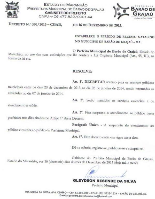 Prefeito Gleydson Resende de Bar&atilde;o de Graja&uacute; decreta recesso natalino.(Imagem:Assessoria de Comunica&ccedil;&atilde;o)