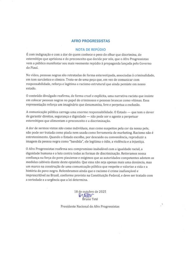  Progressistas repudia propaganda considerada racista do Governo do Piau&iacute;(Imagem:Ascom)