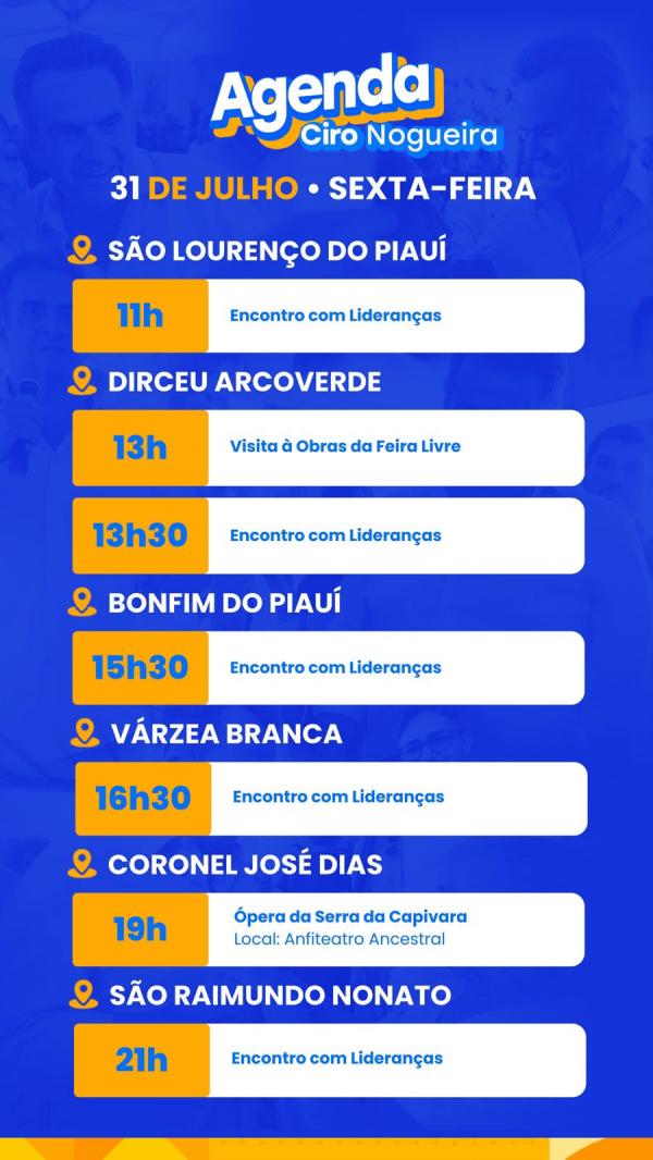 Senador Ciro Nogueira cumpre agenda nesta sexta-feira (31)