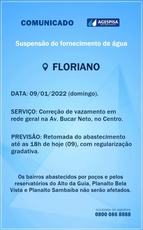 Agespisa comunica a suspensão do fornecimento de água neste domingo (09)
