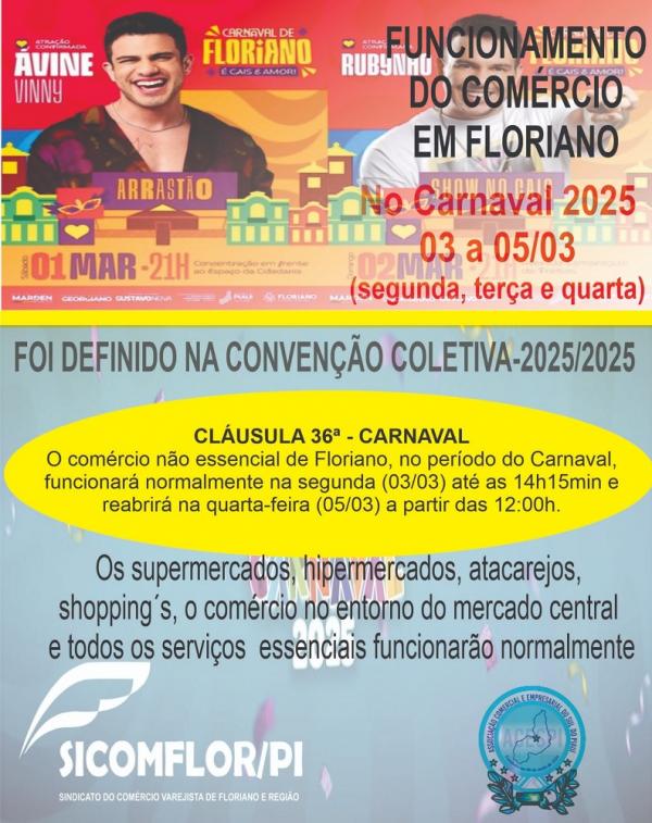  SICOMFLOR e Associa&ccedil;&atilde;o Comercial divulgam funcionamento do com&eacute;rcio de Floriano no Carnaval 2025.(Imagem:Divulga&ccedil;&atilde;o)