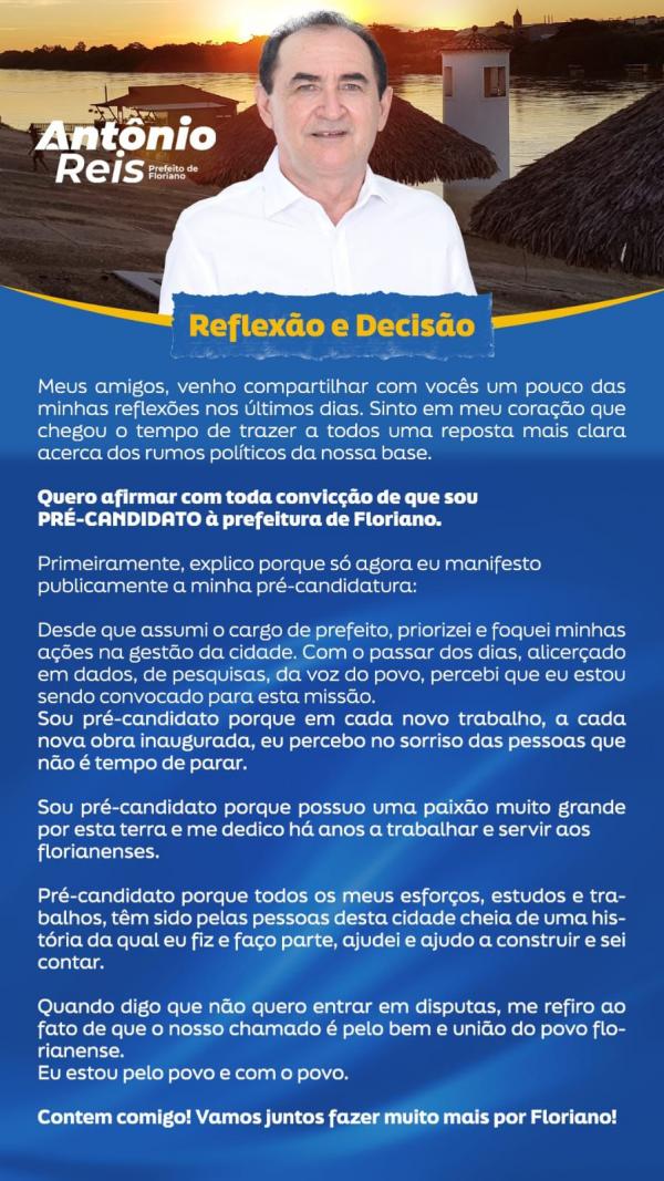 Reflex&atilde;o e Decis&atilde;o: Prefeito Ant&ocirc;nio Reis anuncia pr&eacute;-aandidatura &agrave; Prefeitura de Floriano.(Imagem:Divulga&ccedil;&atilde;o)