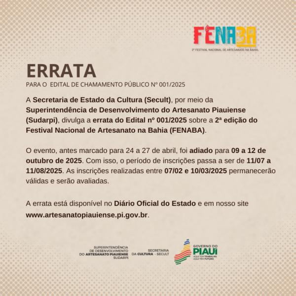 Sudarpi divulga errata de edital com novas datas para participação de evento na Bahia